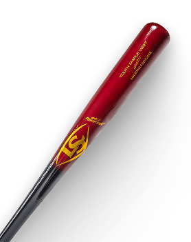 Red and black baseball bat with a yellow LS logo and text YOUTH MAPLE V287 LOUISVILLE SLUGGER.